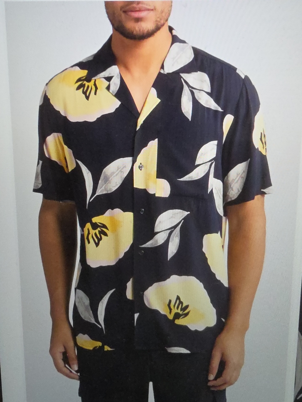 Hugo Boss Ellino Camp Button-Down Shirt with Yellow Floral Print Size XXL